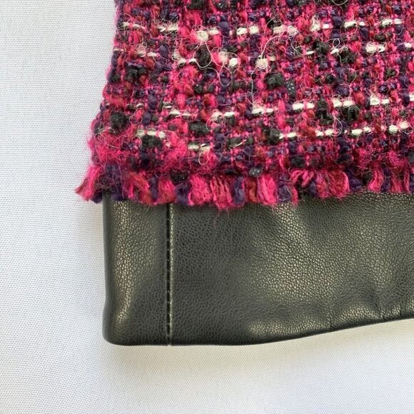 KARL LAGERFELD BLACK BURGUNDY TWEED WOOL BLEND FAUX LEATHER COMBO DRESS - 2 - Picture 8 of 9